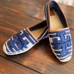 Tory Burch Logo Espadrilles. Navy/White. Size 8 1/2